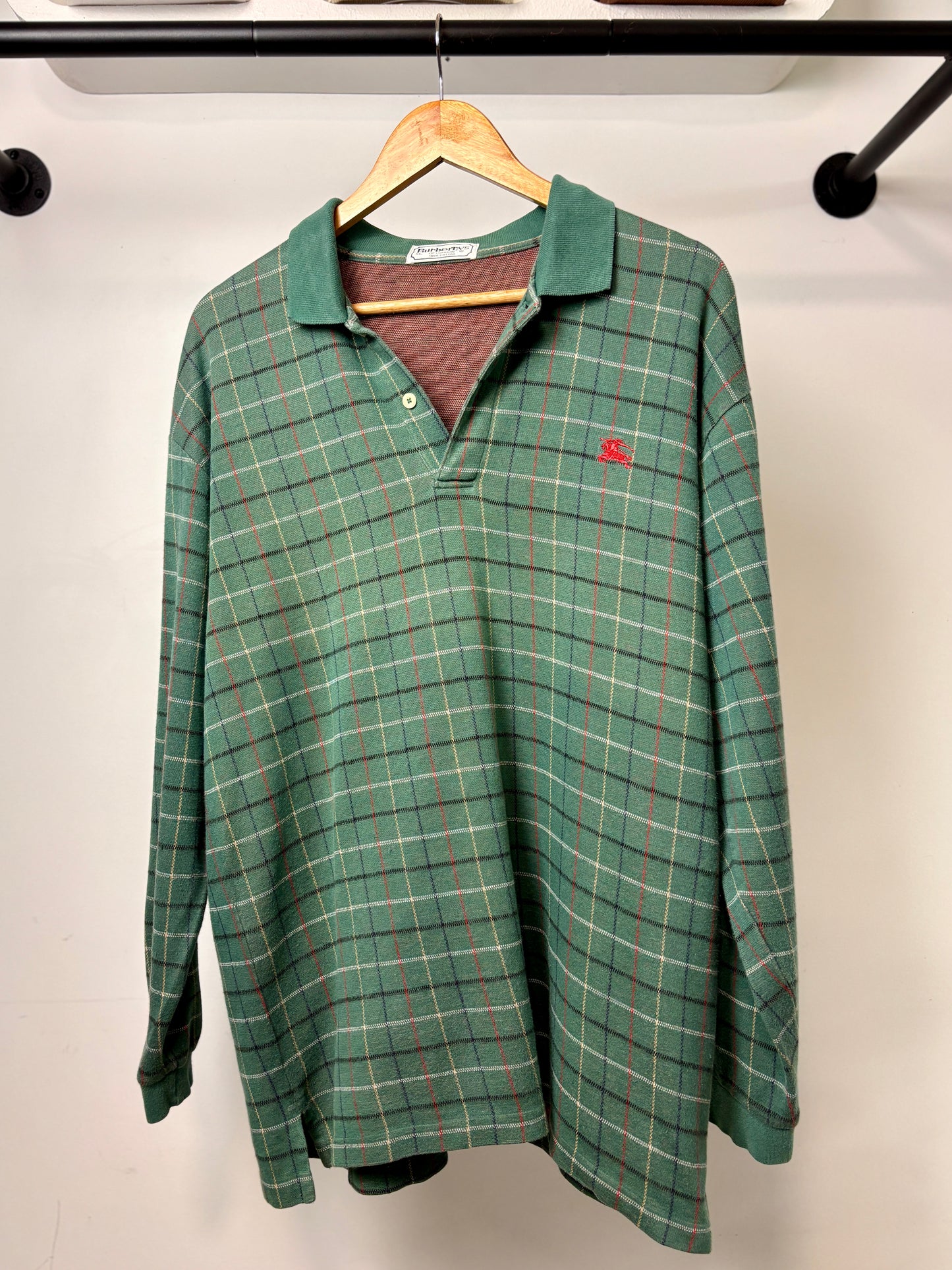 90'S BURBERRY COTTON CHECK RUGBY KNIT LONG SLEEVE POLO