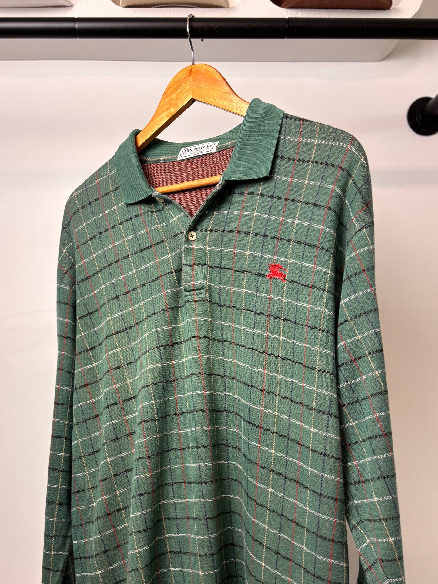 90'S BURBERRY COTTON CHECK RUGBY KNIT LONG SLEEVE POLO
