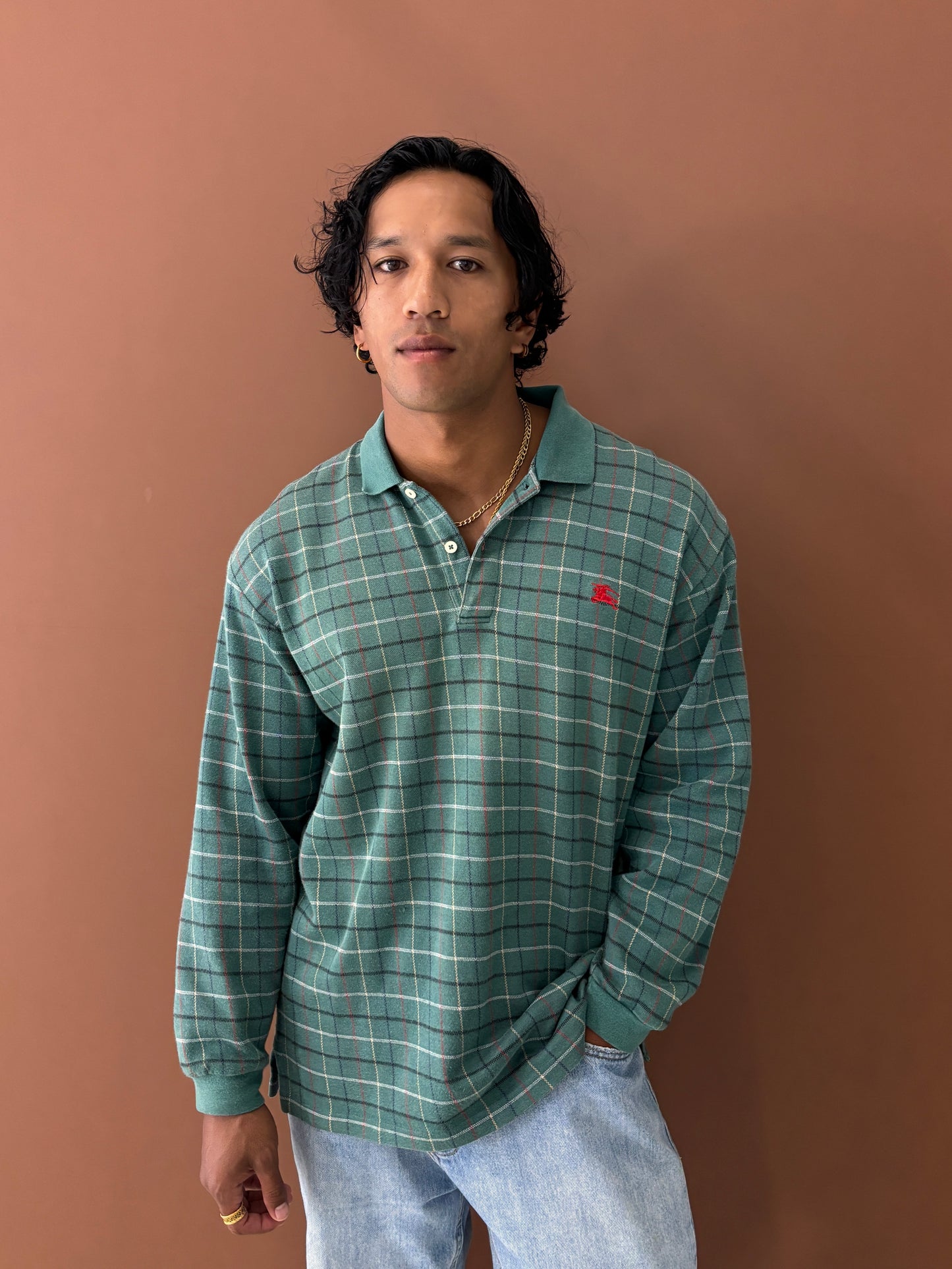 90'S BURBERRY COTTON CHECK RUGBY KNIT LONG SLEEVE POLO