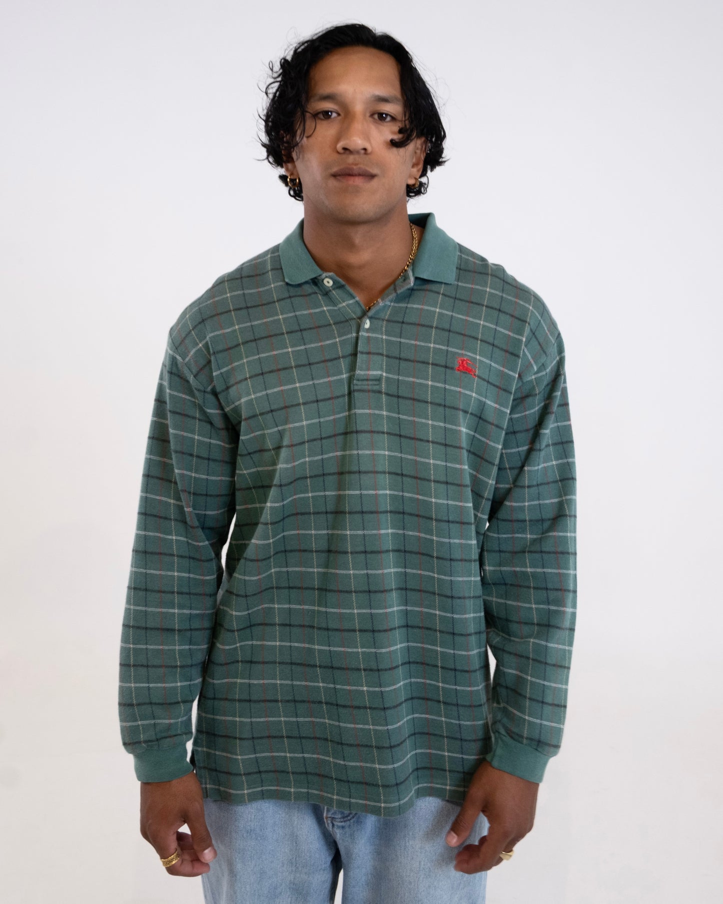 90'S BURBERRY COTTON CHECK RUGBY KNIT LONG SLEEVE POLO