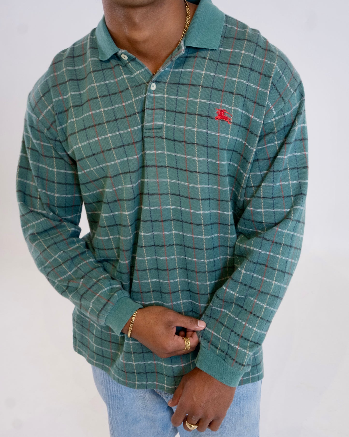 90'S BURBERRY COTTON CHECK RUGBY KNIT LONG SLEEVE POLO