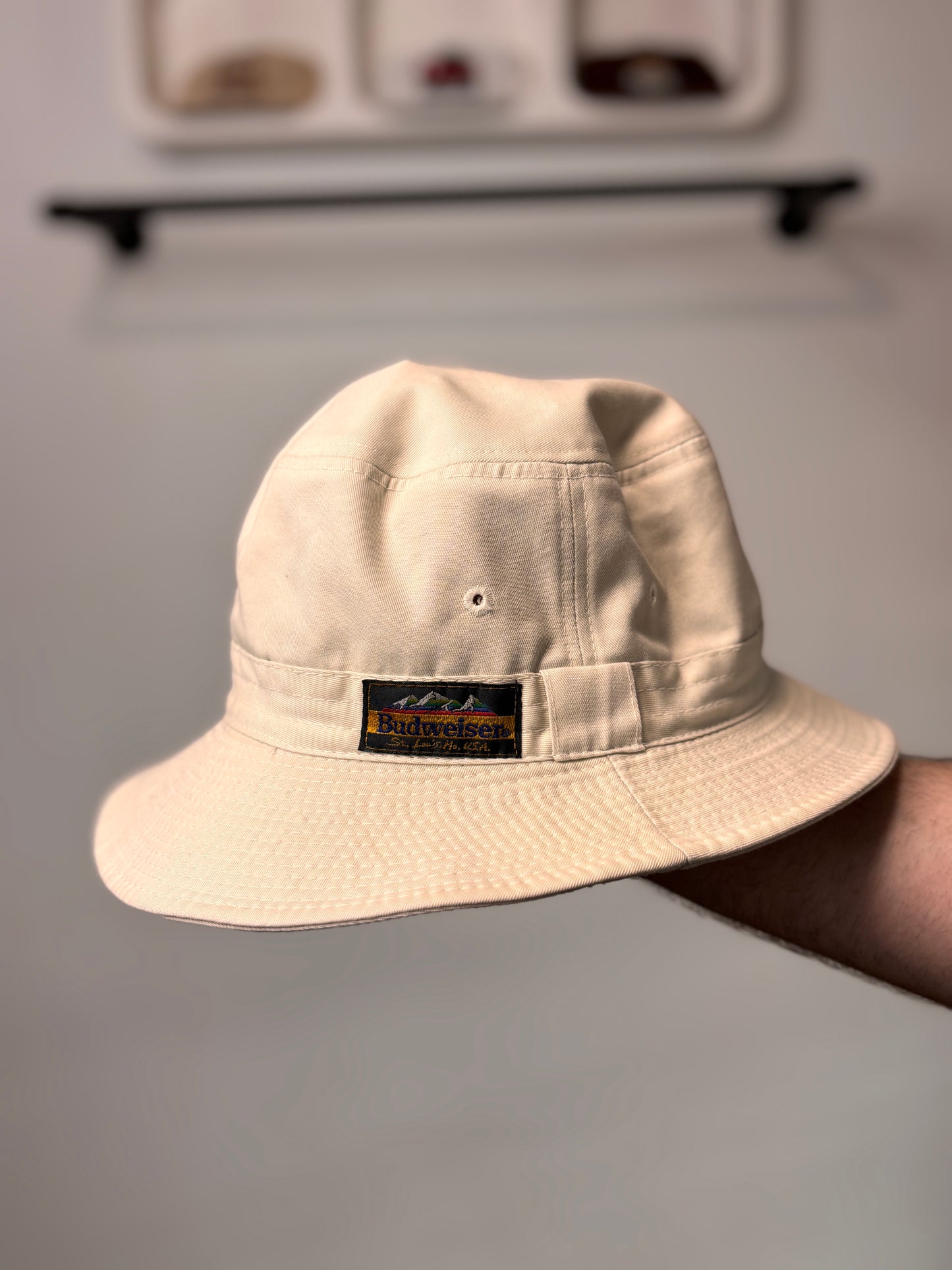 Y2K BUDWEISER BUCKET HAT BEIGE